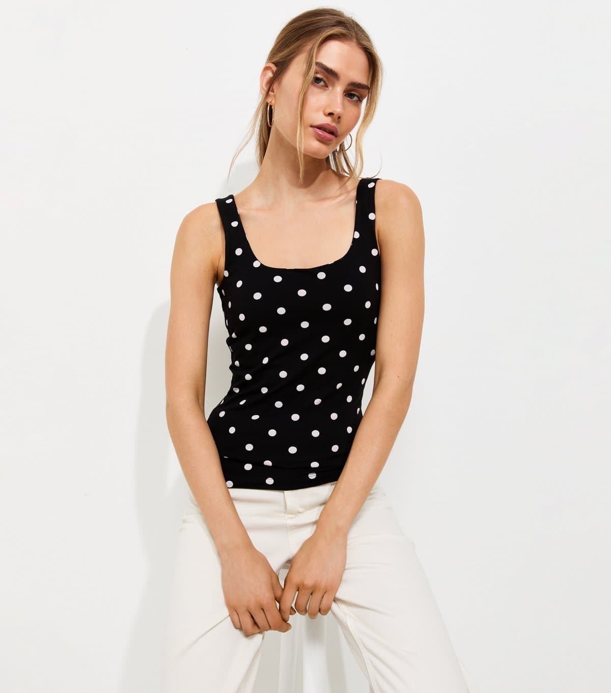 New Look Women's Black Cotton Rich Polka Dot Square Neck Vest Top New Look