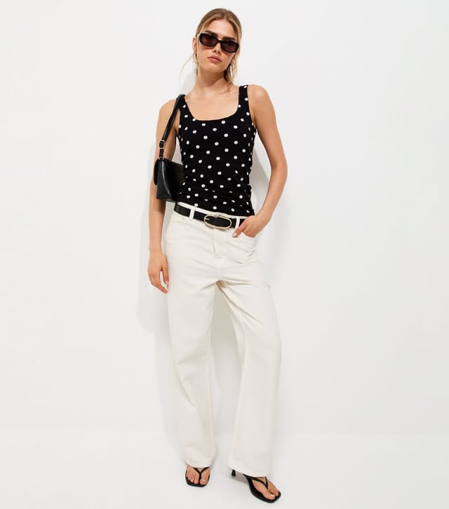 New Look Women's Black Cotton Rich Polka Dot Square Neck Vest Top New Look - 2