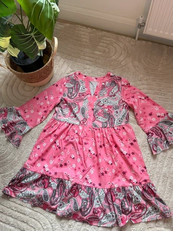 Shein SHEIN Pink Paisley Boho Smock Mini Dress Bell Sleeves Size M UK 10