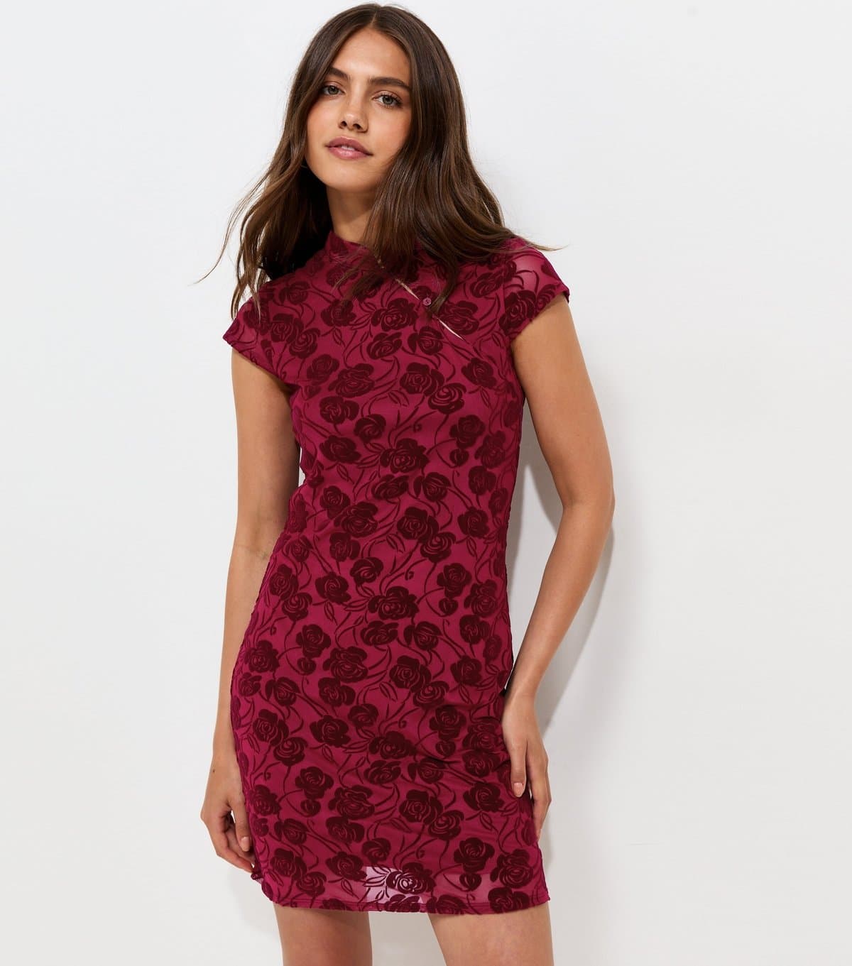New Look Women's Dark Burgundy Floral Flocked Double Keyhole Mini Dress New Look