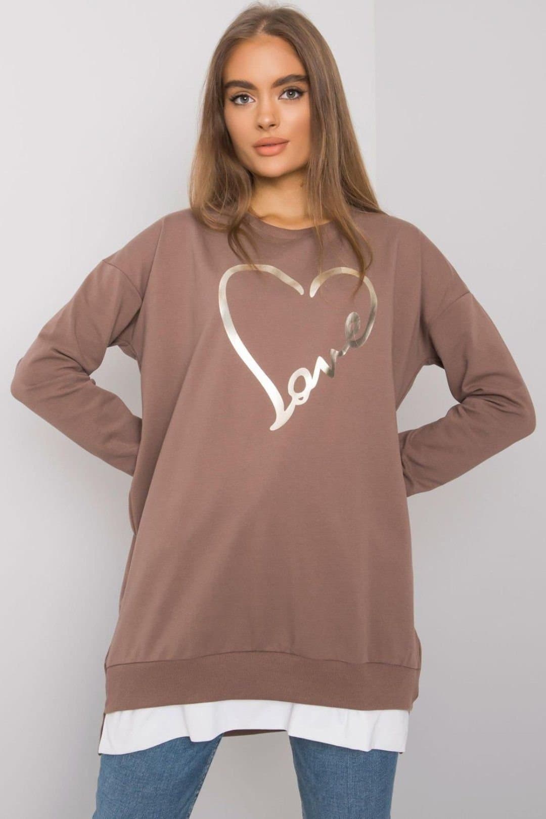 Love Lace Love Lace Women's Loose Fit Long Sleeve Tunic with Front Print in Brown