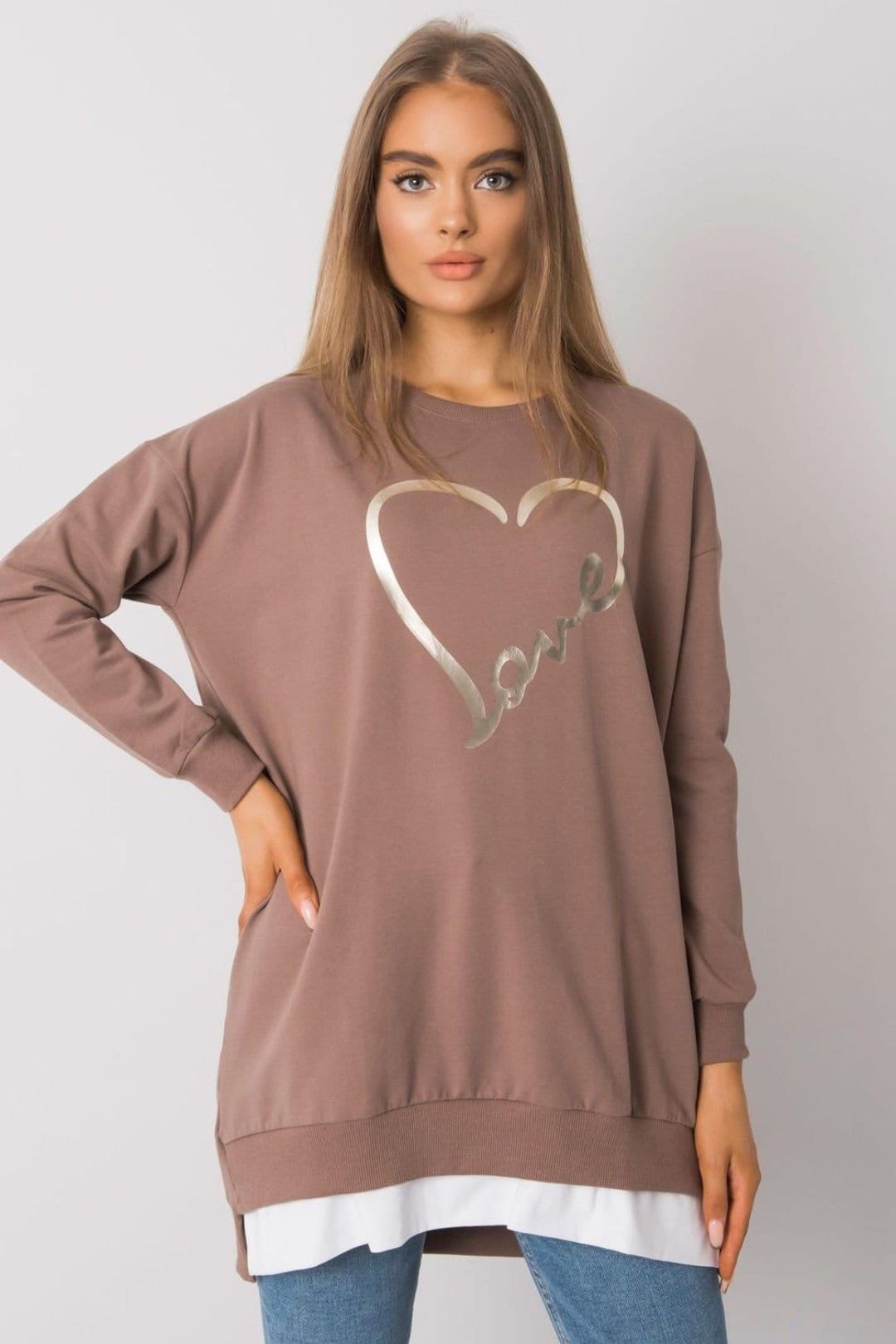 Love Lace Love Lace Women's Loose Fit Long Sleeve Tunic with Front Print in Brown - 4