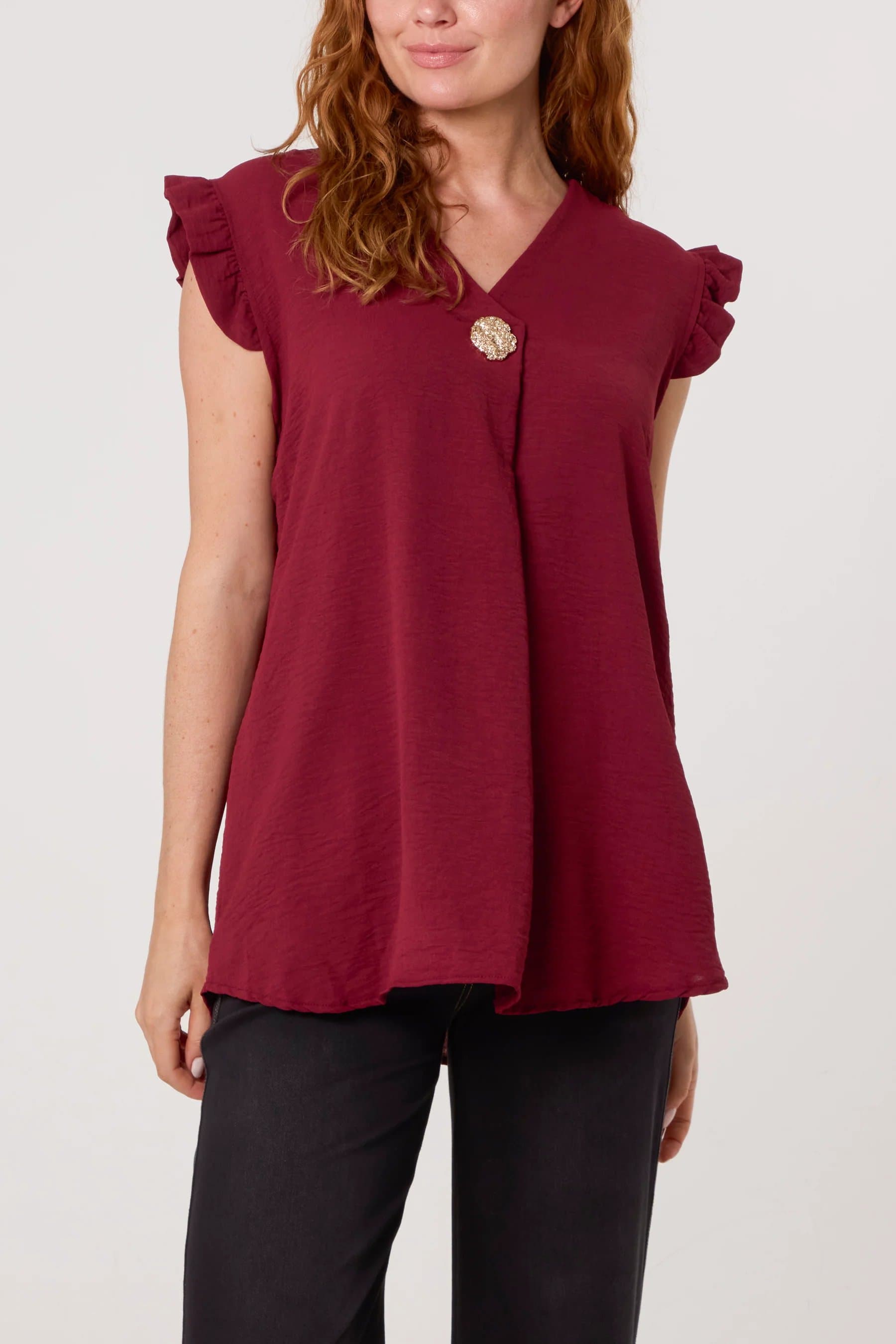 Blue Vanilla Gold Button Detail Frill Top
