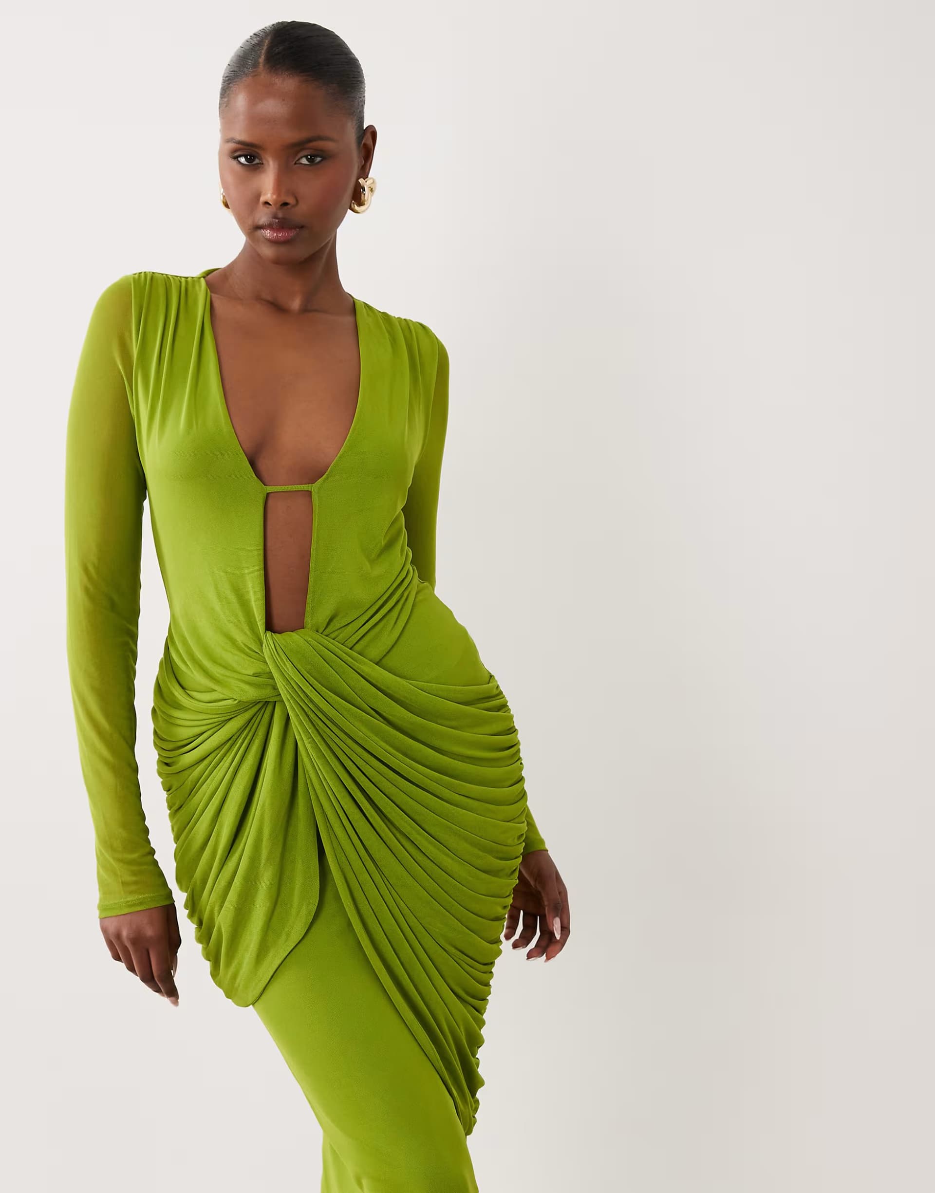 ASOS ASOS DESIGN mesh deep plunge long sleeve midi dress with draping in green