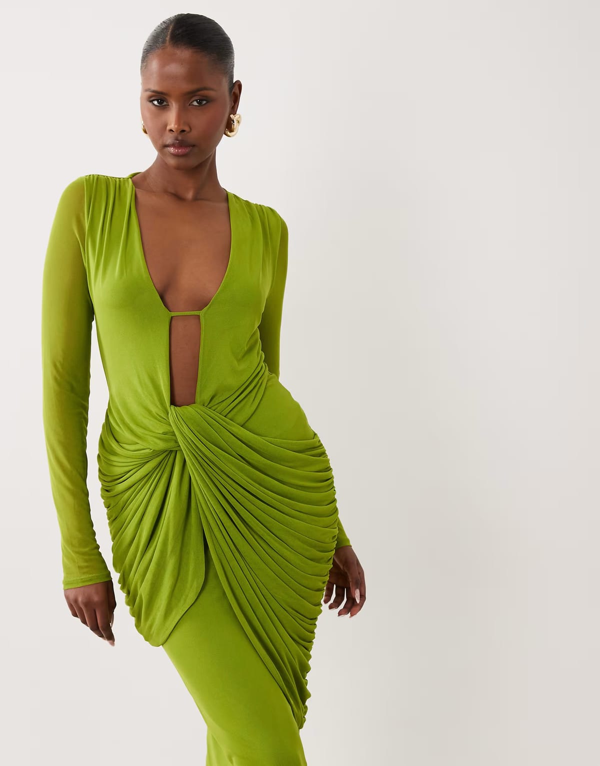 ASOS ASOS DESIGN mesh deep plunge long sleeve midi dress with draping in green - 1