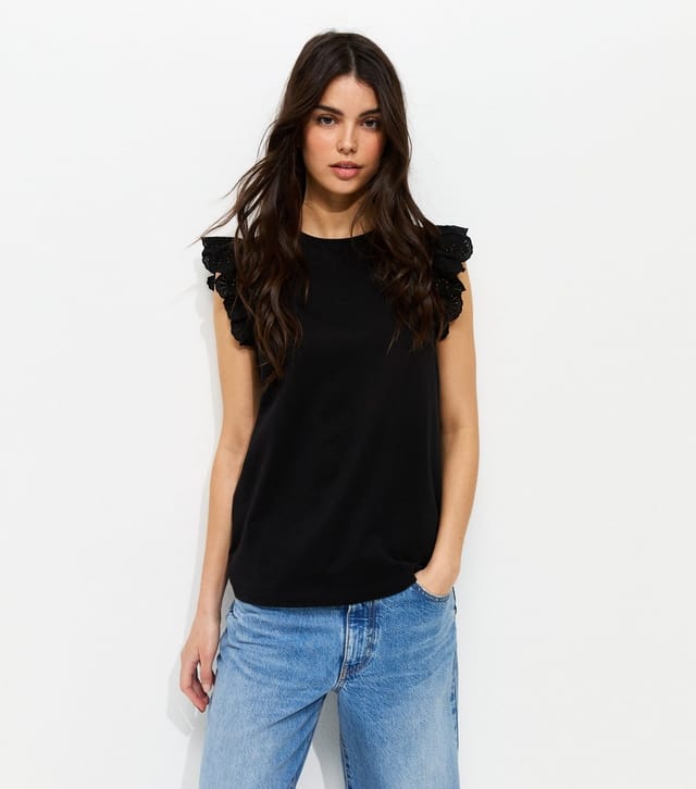 New Look Women's Black Broderie Frill Sleeve Top New Look - 2