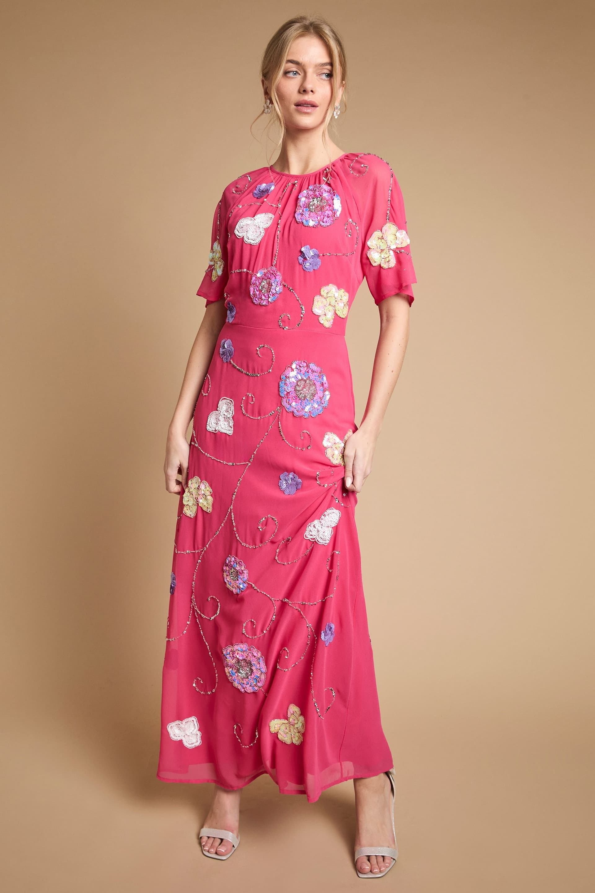 Oasis Oasis Women's Angel Sleeve Statement Embellished Maxi Dress in Hot Pink
