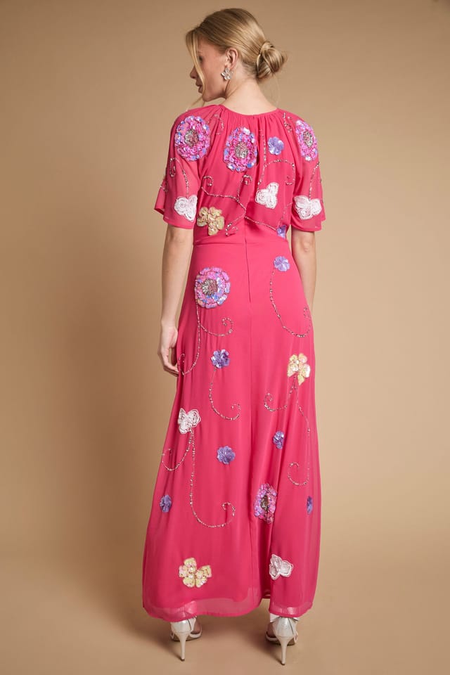 Oasis Oasis Women's Angel Sleeve Statement Embellished Maxi Dress in Hot Pink - 3