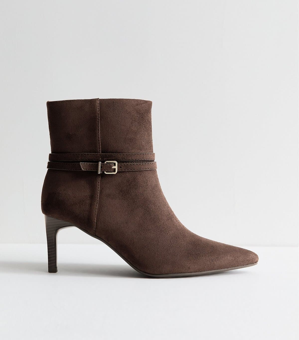 New Look Women's Brown Faux Suede Buckle Strap Stiletto Heel Ankle Boots Vegan New Look