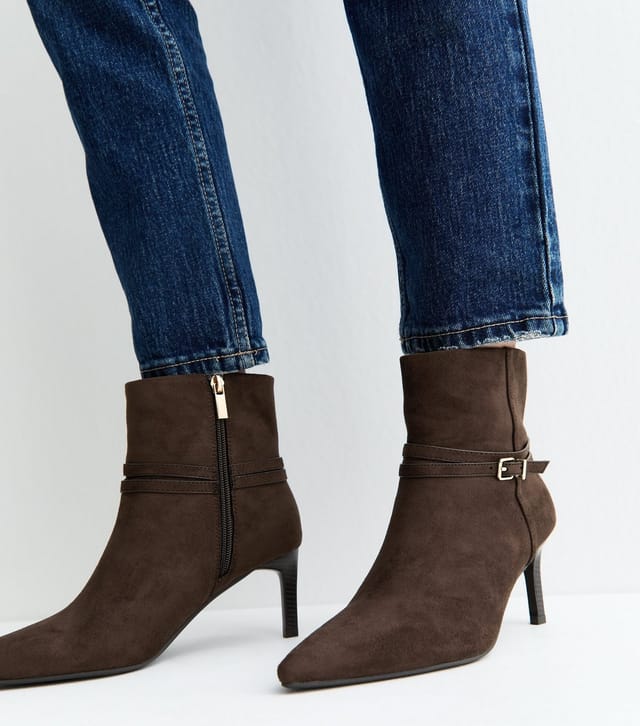 New Look Women's Brown Faux Suede Buckle Strap Stiletto Heel Ankle Boots Vegan New Look - 2