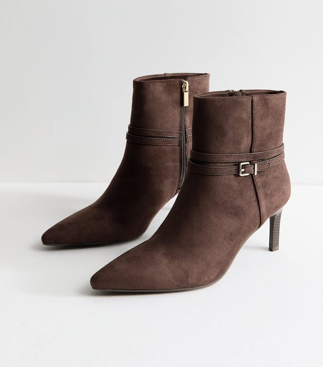 New Look Women's Brown Faux Suede Buckle Strap Stiletto Heel Ankle Boots Vegan New Look - 3