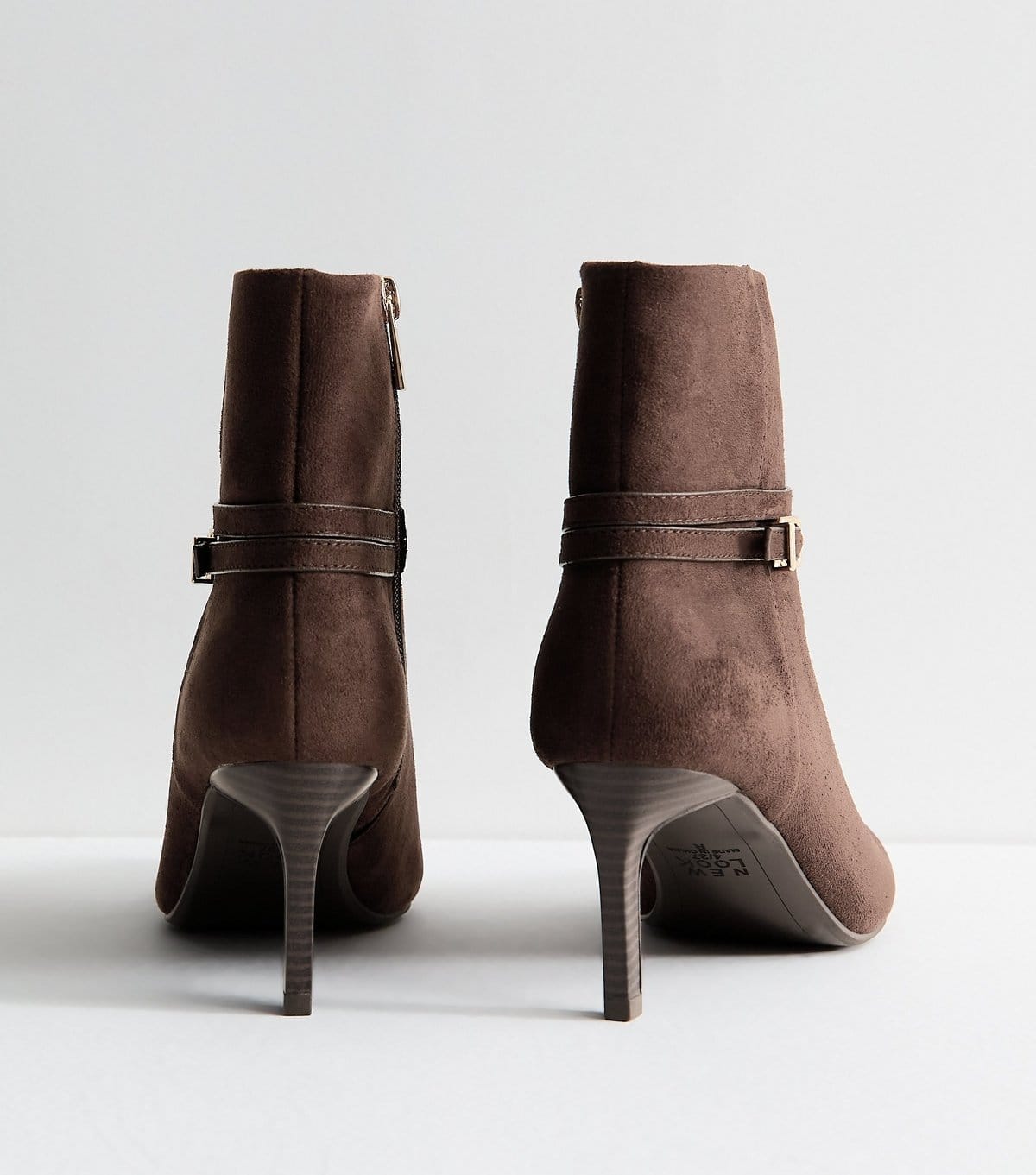 New Look Women's Brown Faux Suede Buckle Strap Stiletto Heel Ankle Boots Vegan New Look - 4