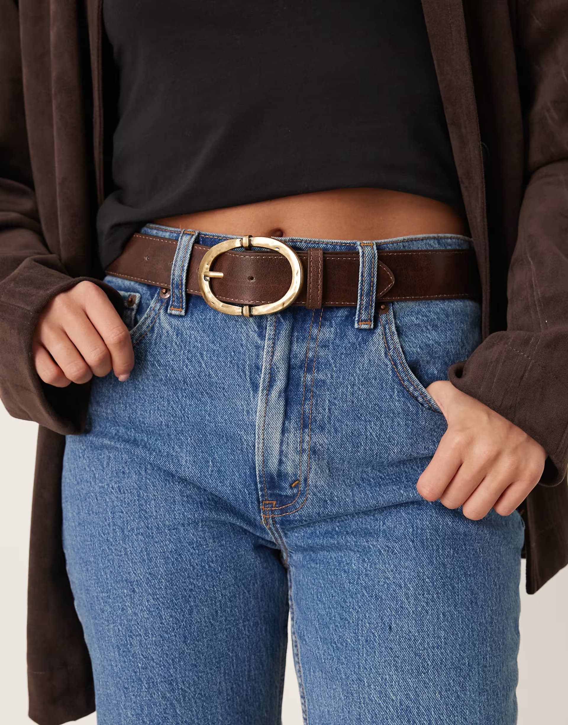 ASOS ASOS Tan Faux Leather Belt with Hammered Gold Buckle
