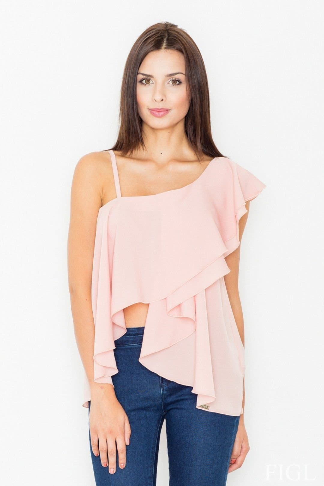 Love Lace Love Lace Women's Smooth Frill Crop Blouse with Longer Back in Pink