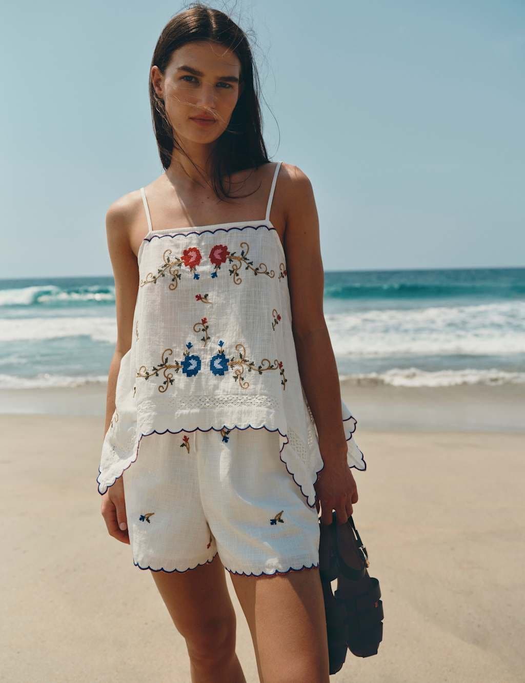 Marks & Spencer M&S Pure Cotton Boho Embroidered Cami Top White Mix