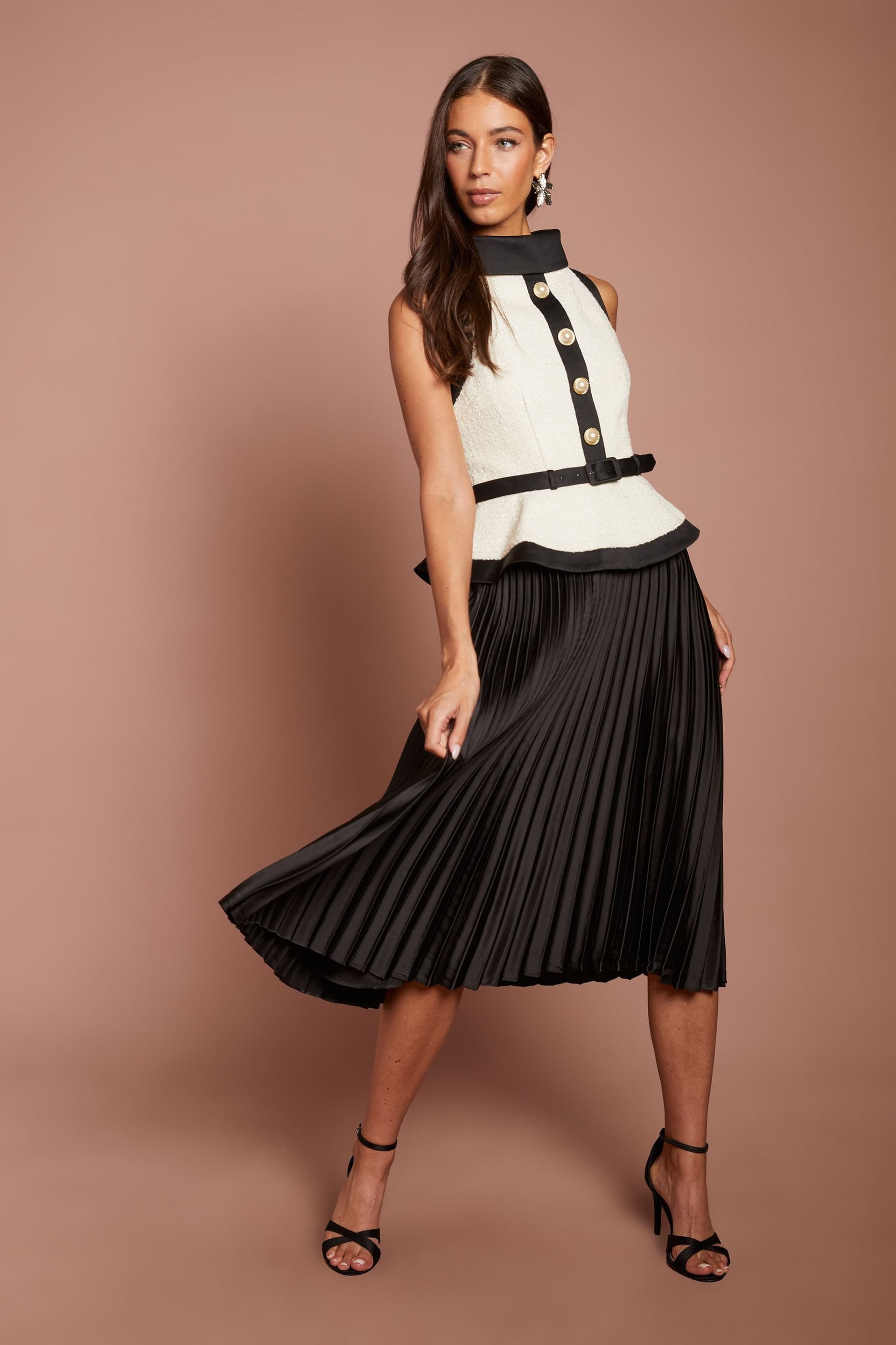 Coast Coast Women's Sleeveless Tweed Bodice Diamante Button Satin Pleat Skirt Midi Dress in Mono