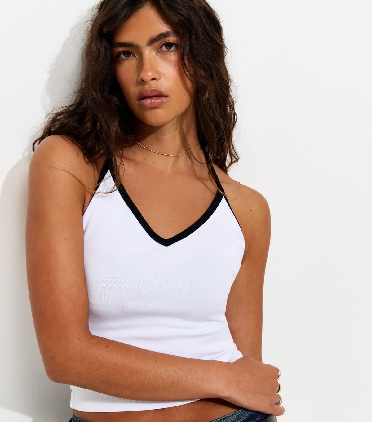 New Look Women's White Contrast Trim Halter Neck Top New Look