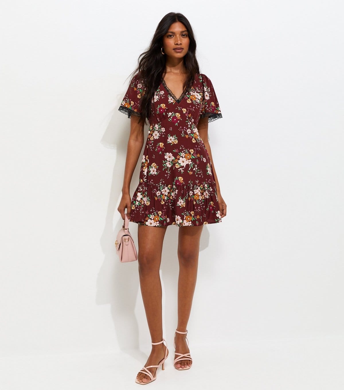 Women's Red Floral Lace Trim Mini Tea Dress New Look