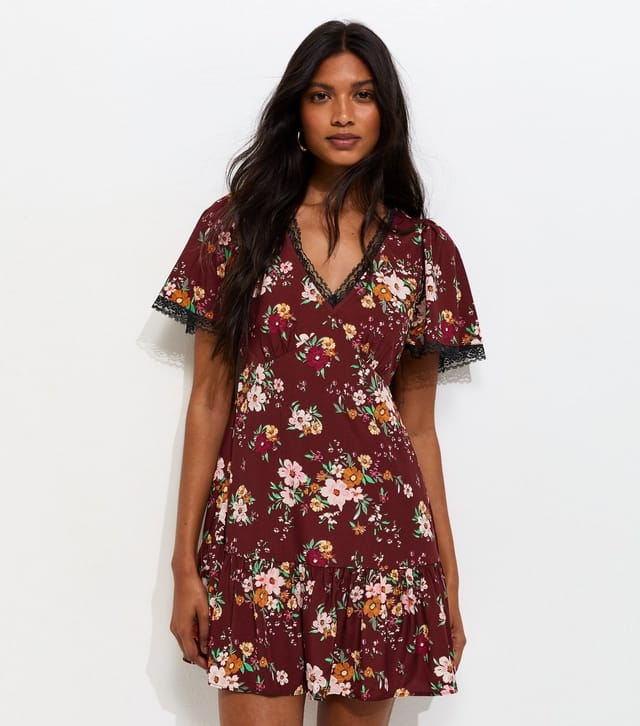 New Look Women's Red Floral Lace Trim Mini Tea Dress New Look - 3