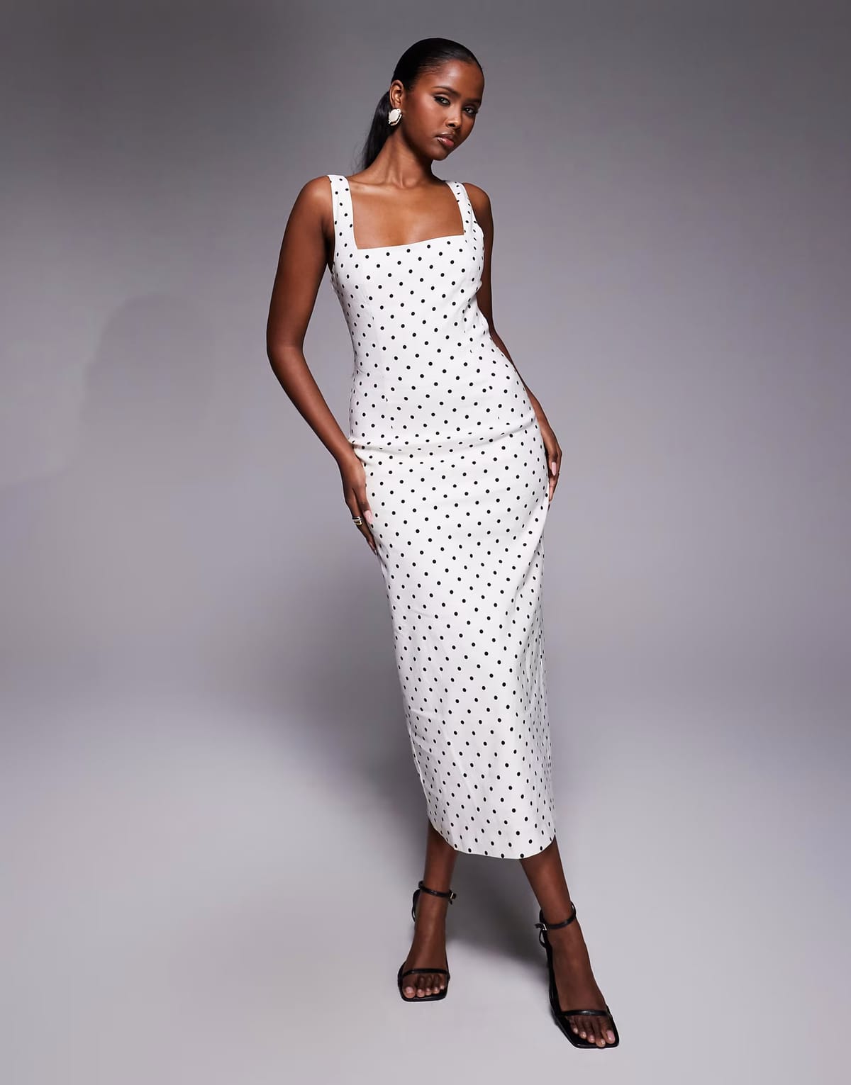 ASOS Forever New stretch linen square neck split back midi dress in white polka dot - 1