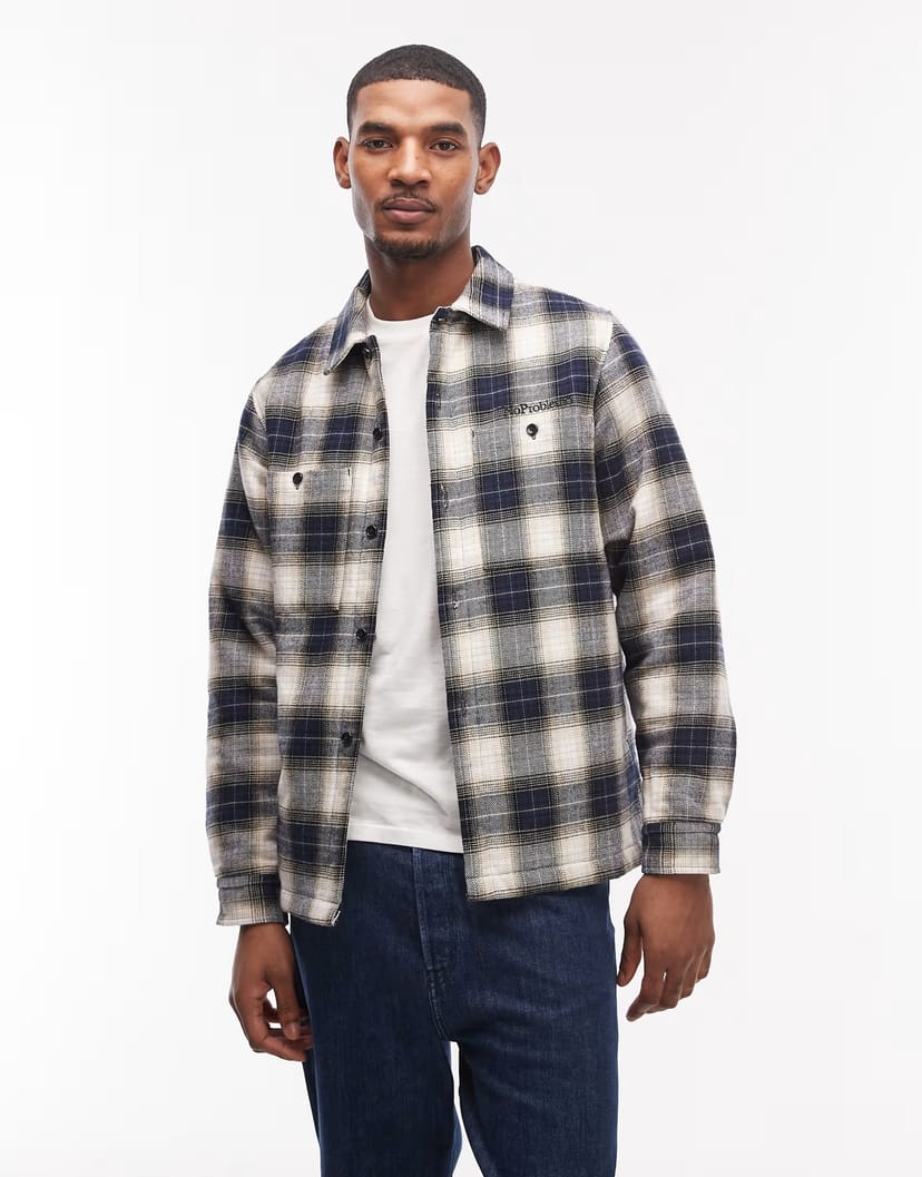 ASOS No Problemo flannel overshirt with quilted lining in navy check - 1