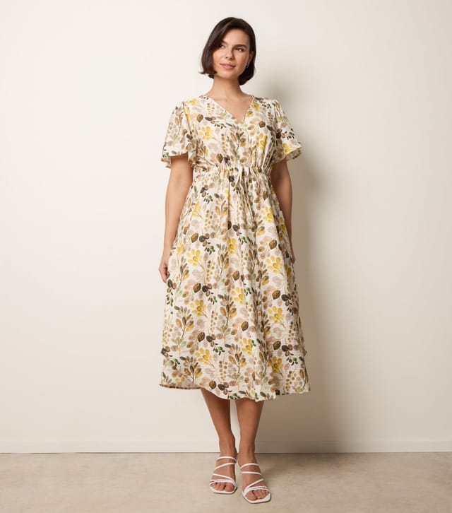 Blue Vanilla Women's Yellow Leaf Print V-Neck Midi Dress Blue Vanilla New Look - 3