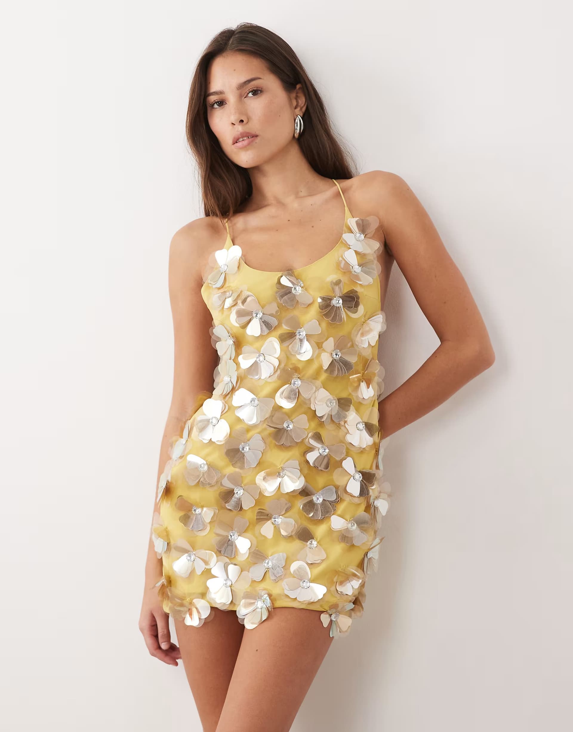 ASOS ASOS DESIGN 3D floral sequin cami mini dress in yellow