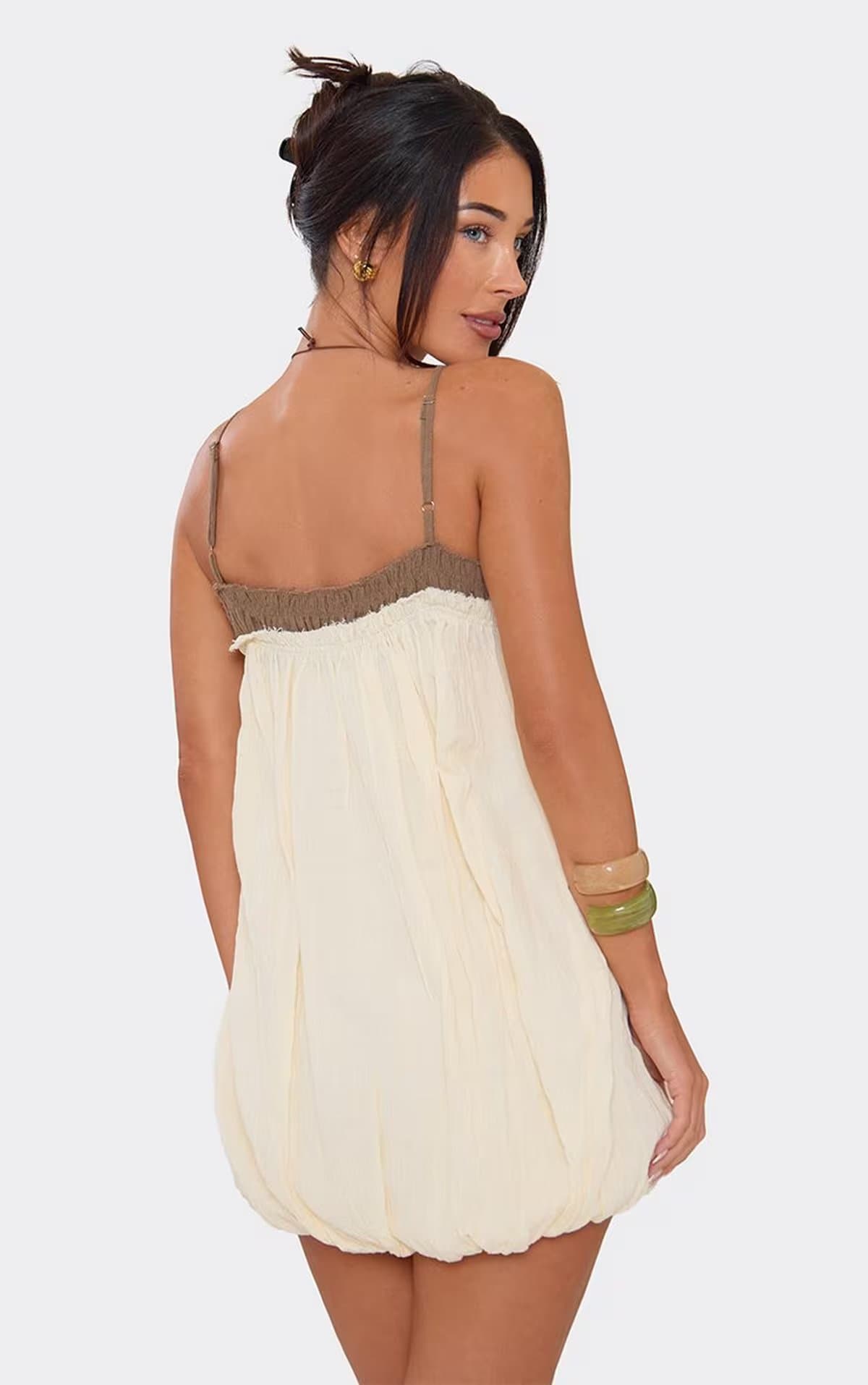 EGO Strappy Contrast Hem Ruched Puffball Mini Dress In Cream Cheesecloth, Women's Size UK 6