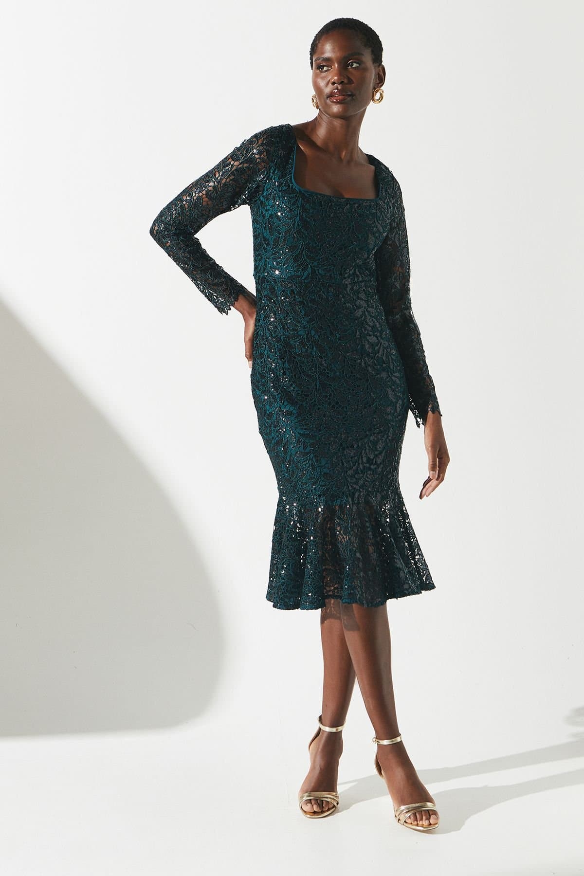 Coast Coast Women's Party Sequin Lace Long Sleeve Midi Dress in Forest