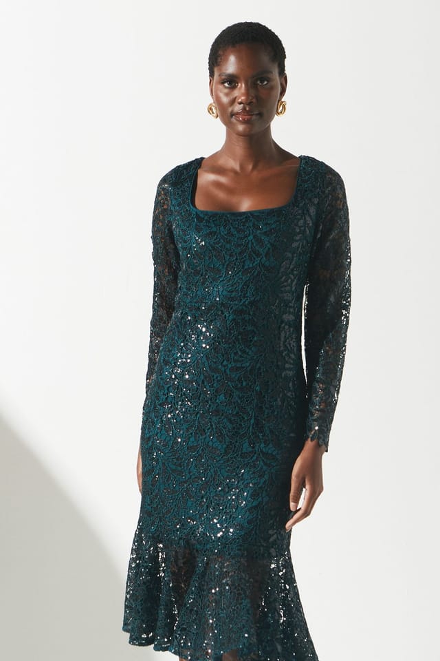 Coast Coast Women's Party Sequin Lace Long Sleeve Midi Dress in Forest - 2