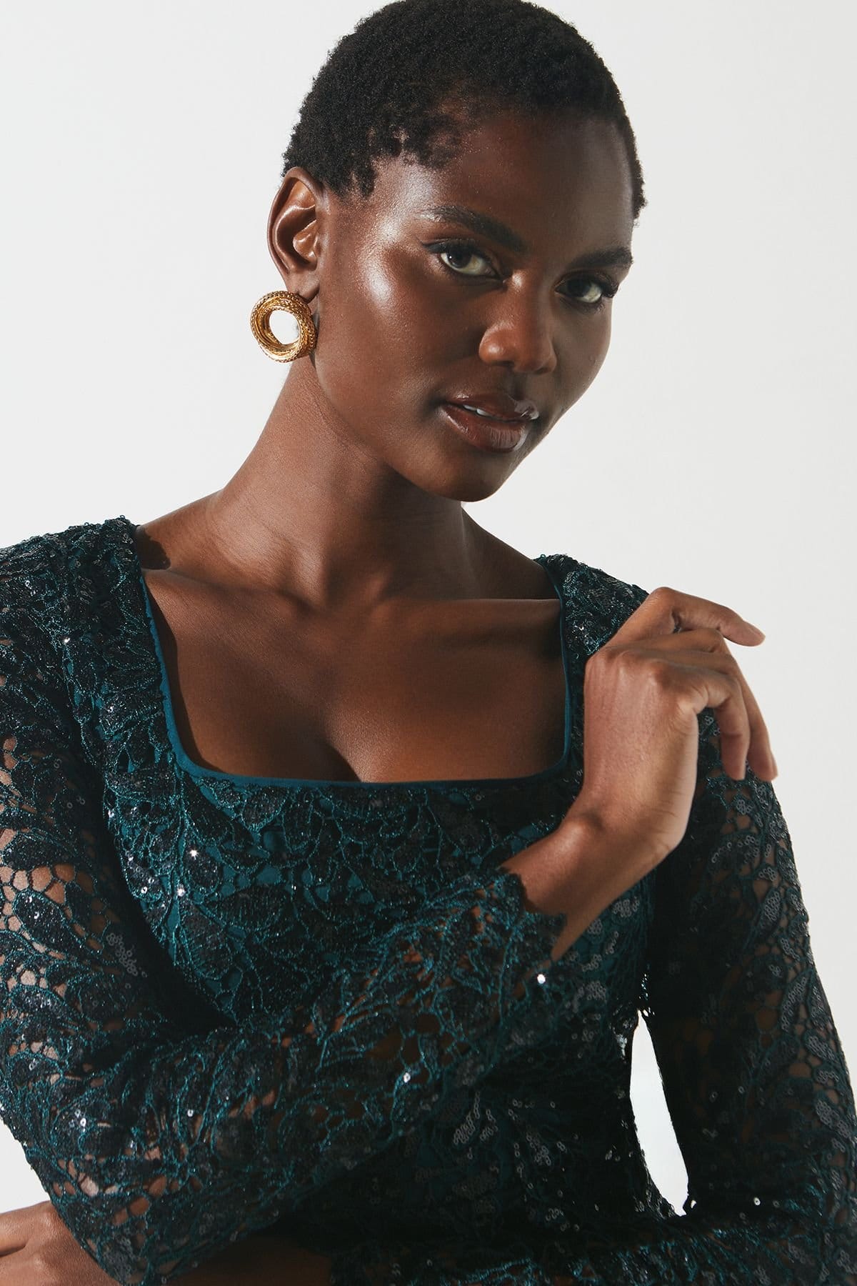 Coast Coast Women's Party Sequin Lace Long Sleeve Midi Dress in Forest - 4