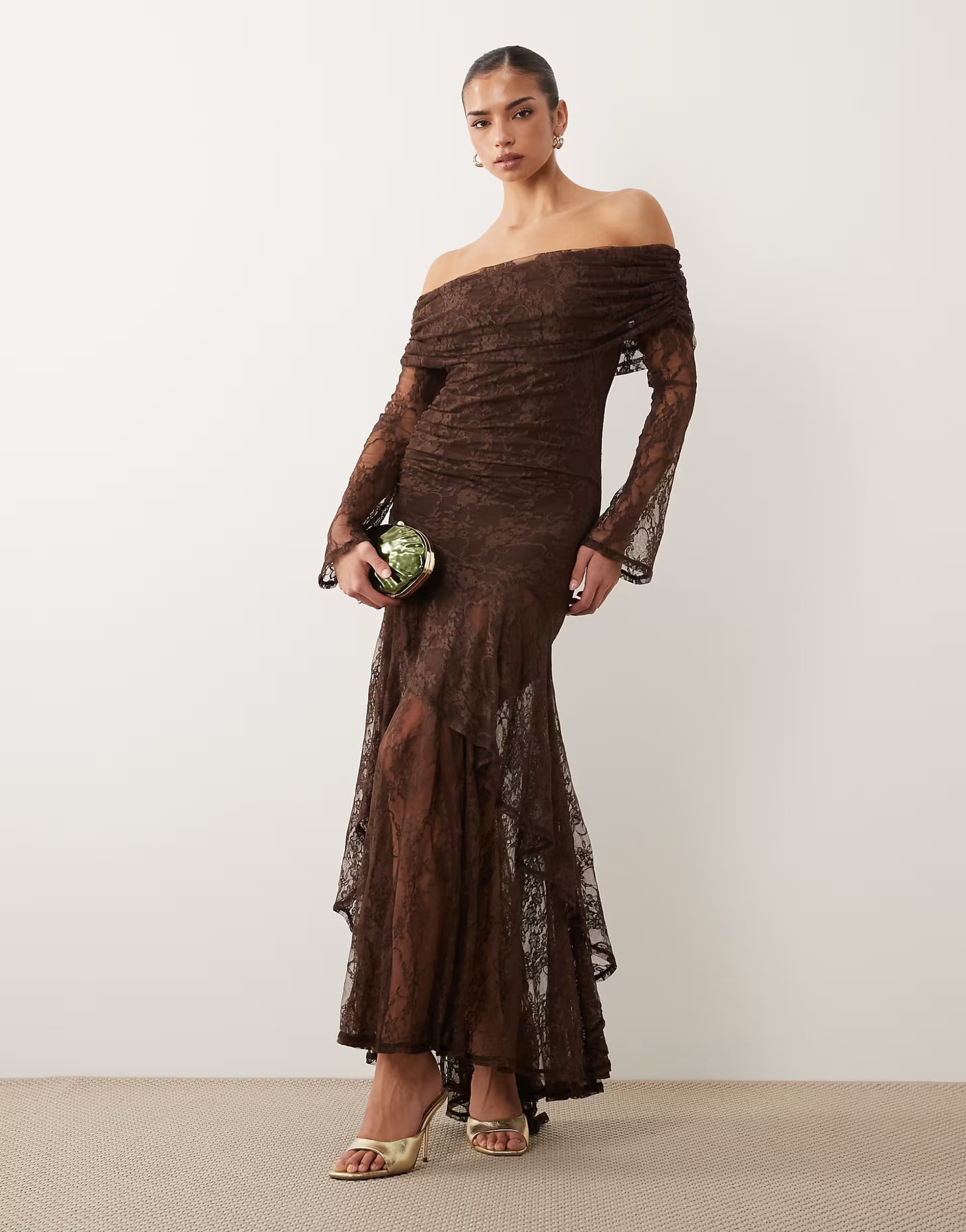 ASOS ASOS DESIGN lace off the shoulder long sleeve maxi dress in chocolate brown