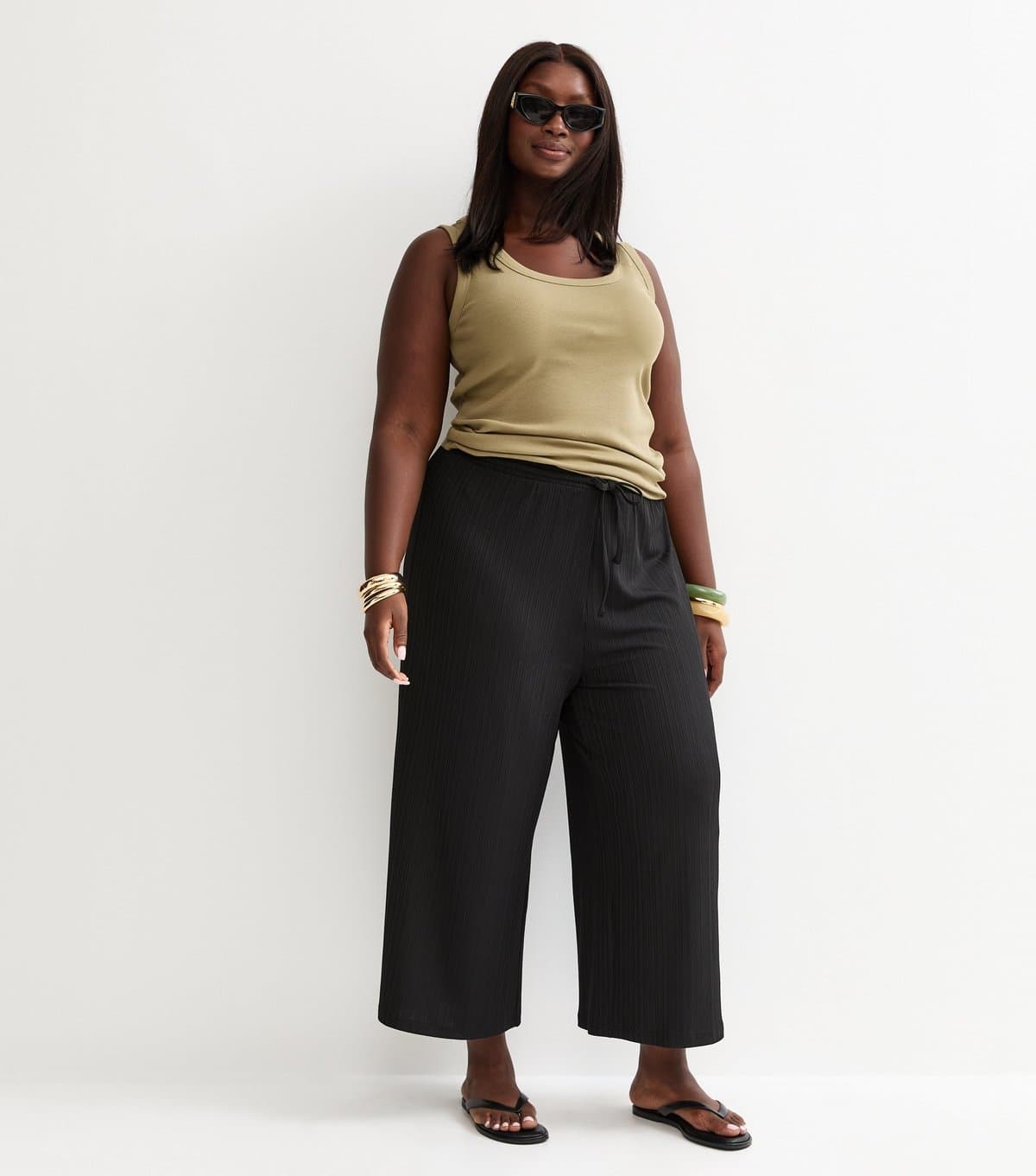 New Look Women's Plus Size Black Ribbed Drawstring Cropped Trousers Curves New Look