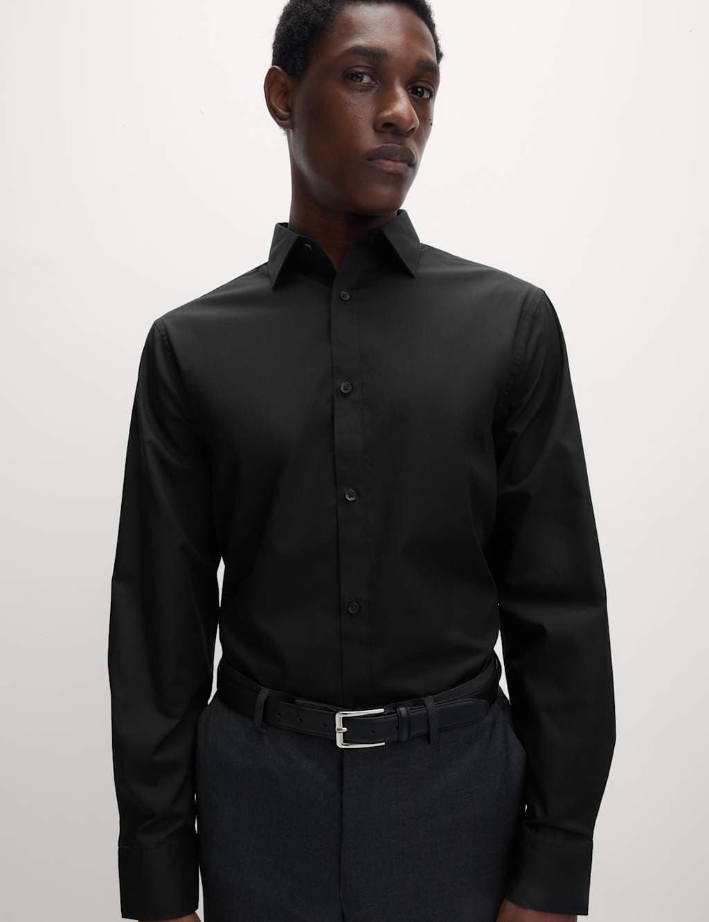 Marks & Spencer M&S Black Cotton Blend Regular Fit Shirt