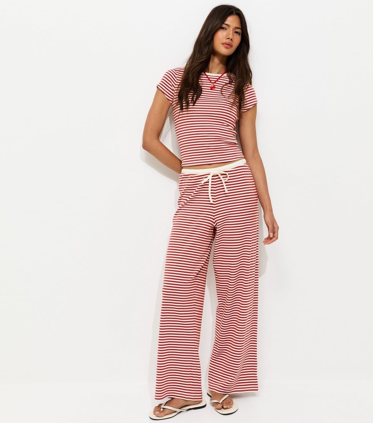 New Look Women's Red Striped Drawstring Wide Leg Trousers New Look