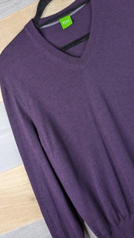 Hugo Boss Hugo Boss Jumper Mens Size Large Purple V Neck Wool Tight Knit Sweater Pullover - 1
