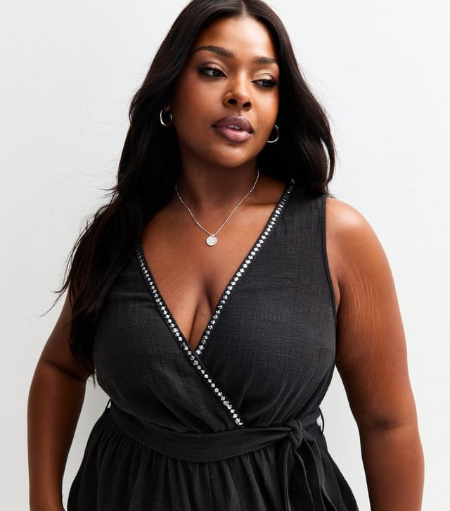New Look Women's Plus Size Black Mirror Embellished Trim Beach Playsuit Curves New Look - 2