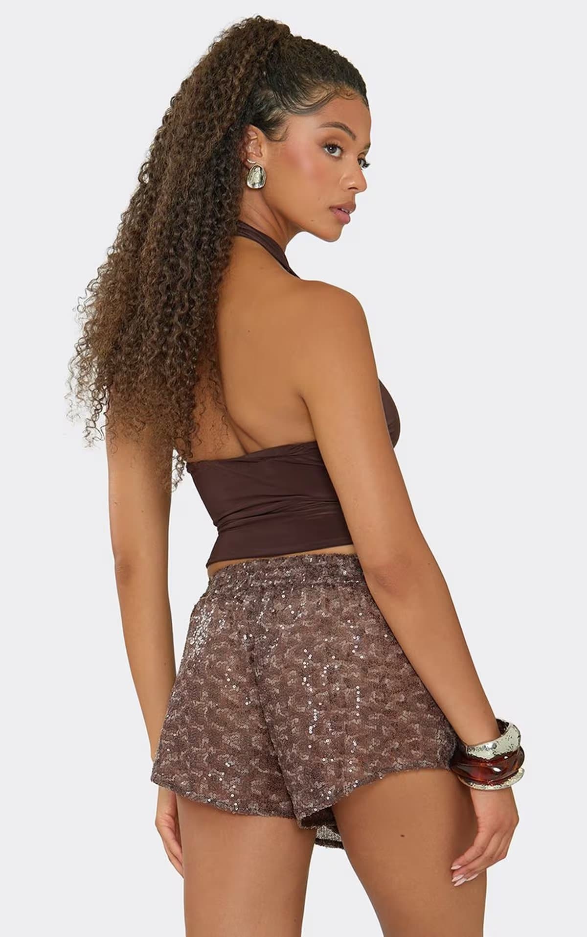 EGO Mid Rise Runner Shorts In Chocolate Brown Sequin., Women's Size UK 6