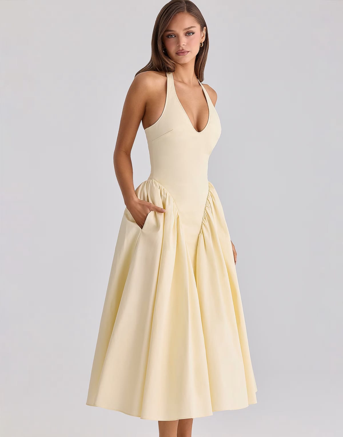 ASOS House of CB Marilyn lemon cotton halter neck midi sundress in lemon - 1