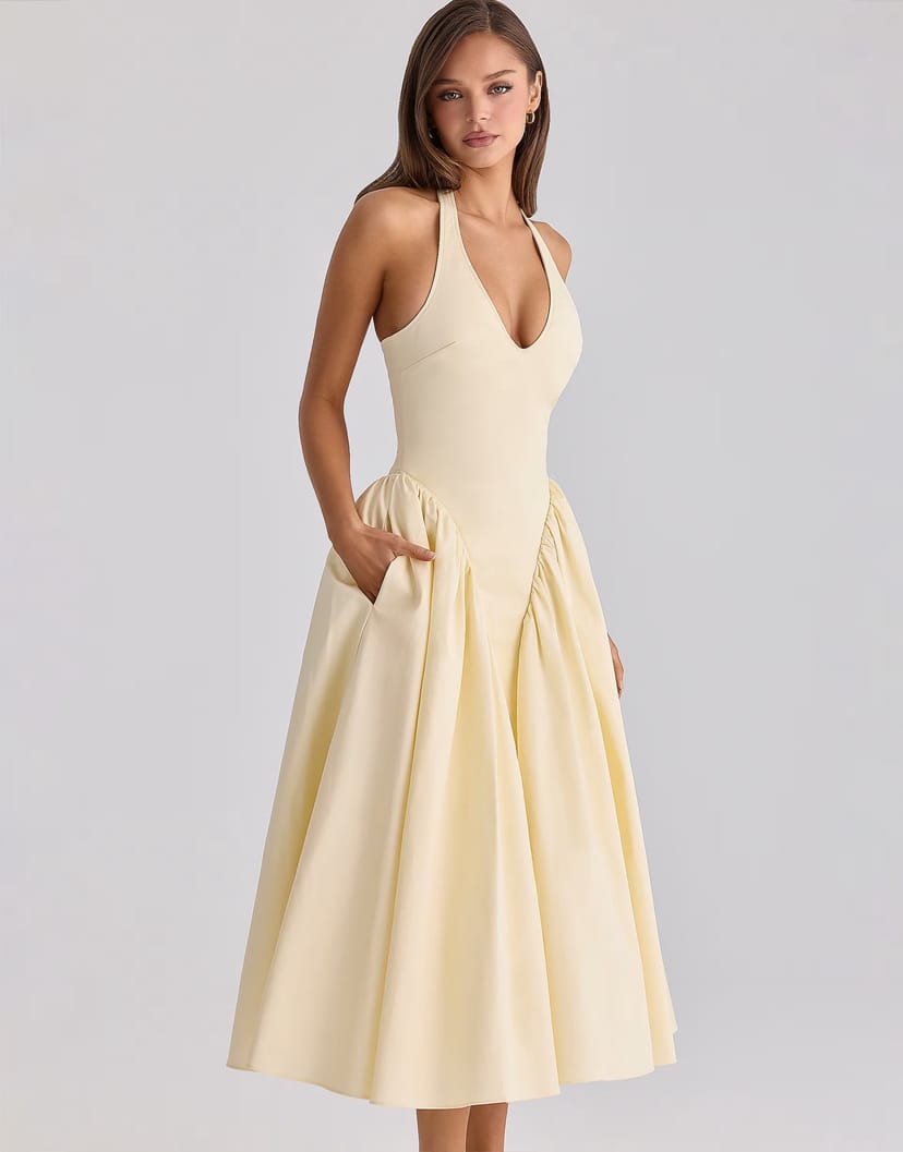 ASOS House of CB Marilyn lemon cotton halter neck midi sundress in lemon - 1