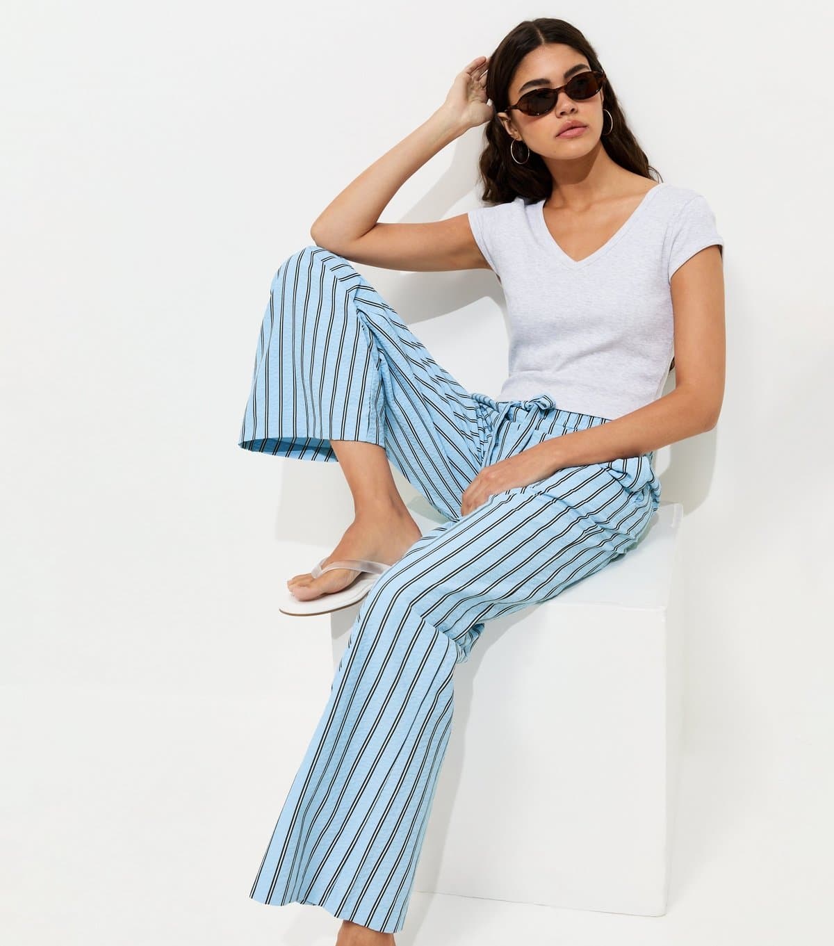 New Look Women's Blue With Cotton Striped Wide Leg Trousers New Look