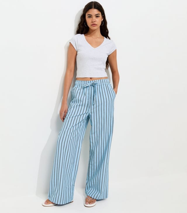 New Look Women's Blue With Cotton Striped Wide Leg Trousers New Look - 2