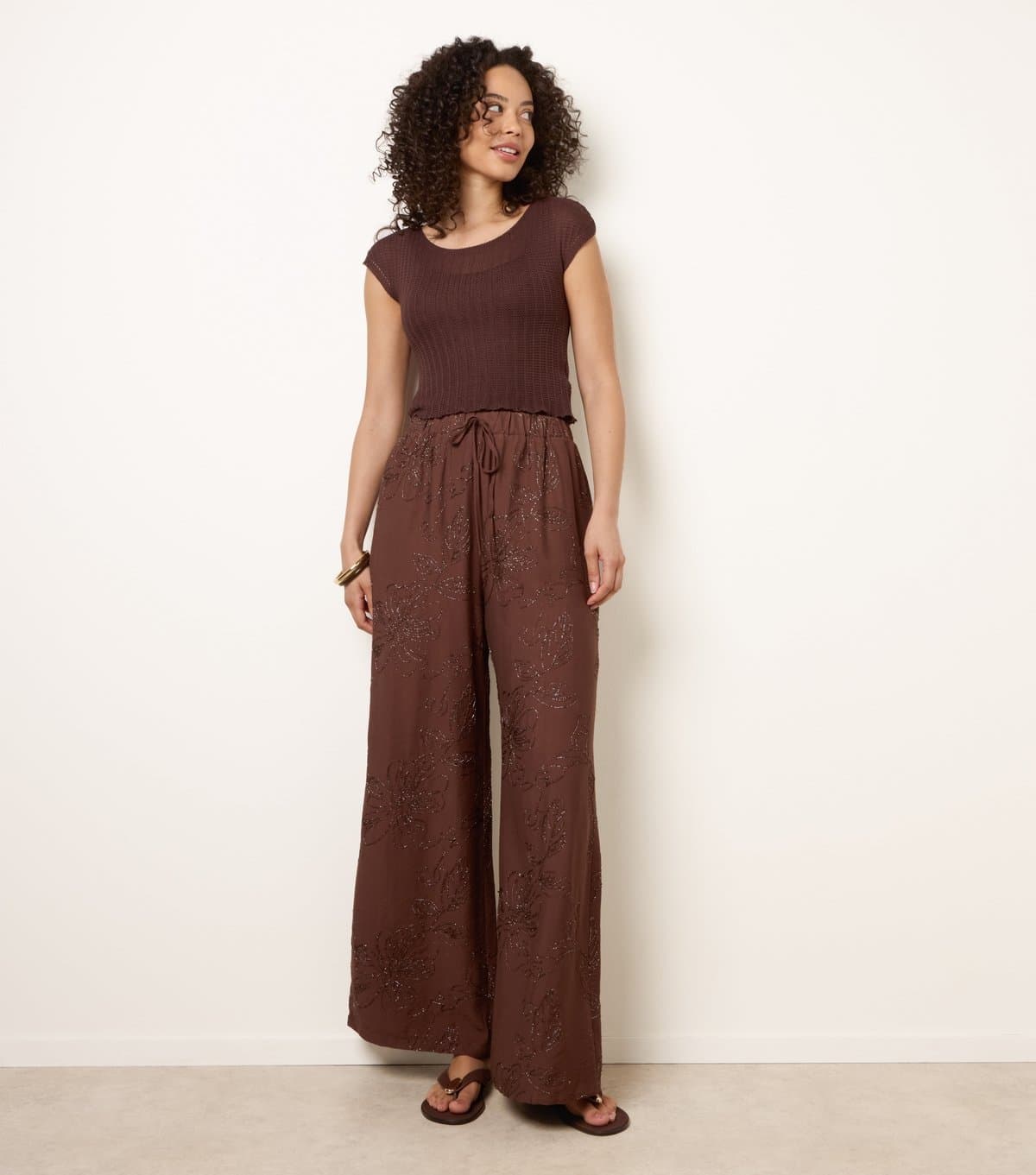 Blue Vanilla Women's Dark Brown Embroidered Wide Leg Trousers Blue Vanilla New Look