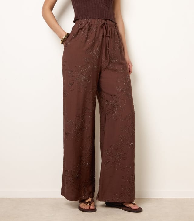 Blue Vanilla Women's Dark Brown Embroidered Wide Leg Trousers Blue Vanilla New Look - 2
