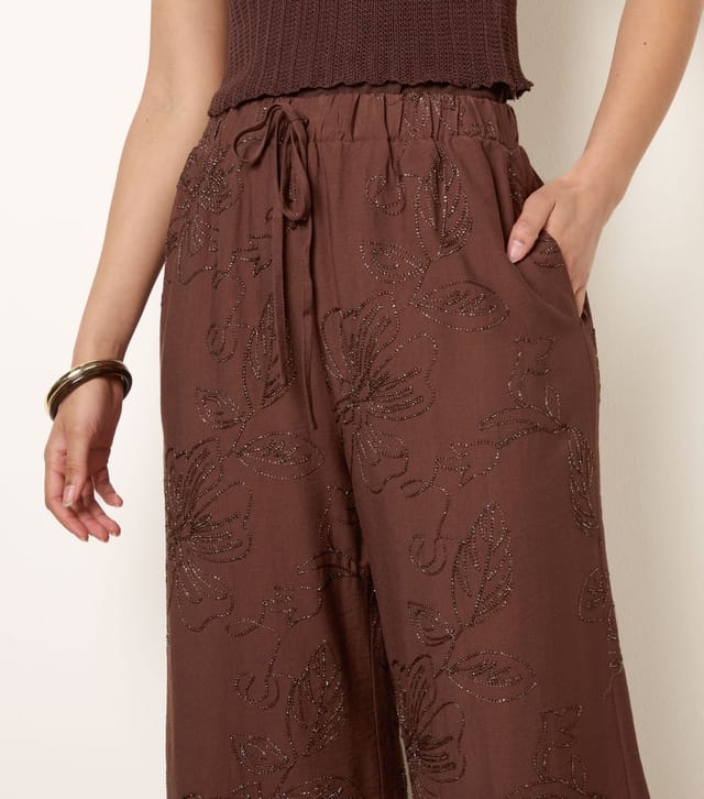 Blue Vanilla Women's Dark Brown Embroidered Wide Leg Trousers Blue Vanilla New Look - 3