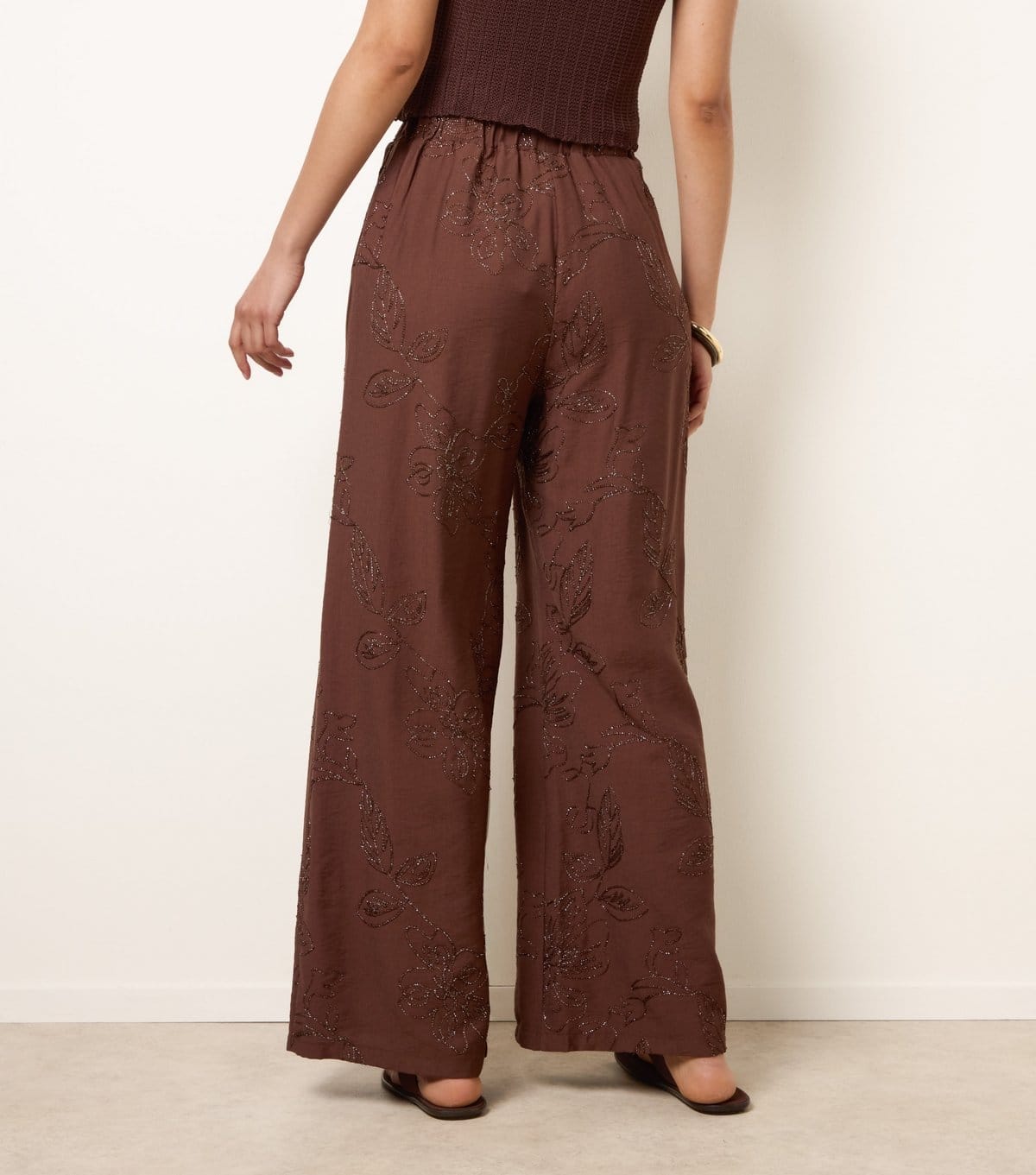 Blue Vanilla Women's Dark Brown Embroidered Wide Leg Trousers Blue Vanilla New Look - 4