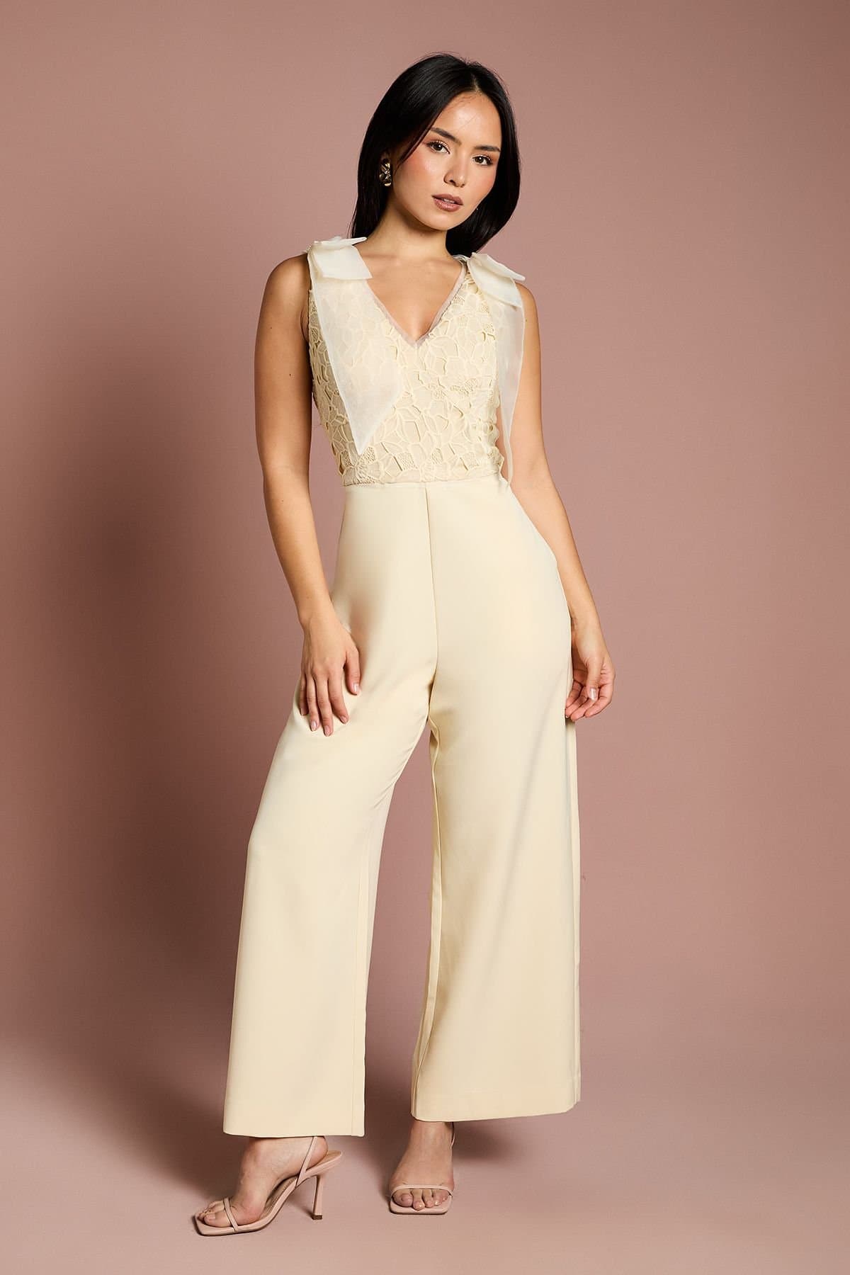 Coast Coast Women's Petite Bow Shoulder Lace Jumpsuit in Lemon