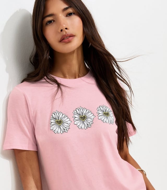 New Look Women's Light Pink Cotton Daisy Print Crew Neck T-Shirt New Look - 2