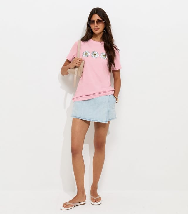 New Look Women's Light Pink Cotton Daisy Print Crew Neck T-Shirt New Look - 3