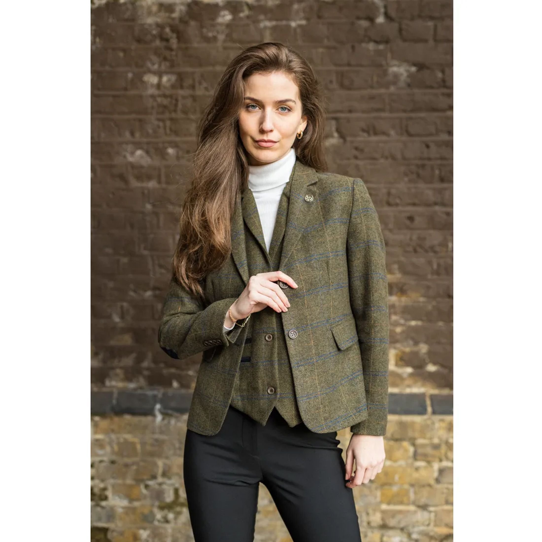 Infinity Leather Infinity Leather Women's 2 Piece Set Tweed Blazer Waistcoat in Herringbone Check in Green - 1